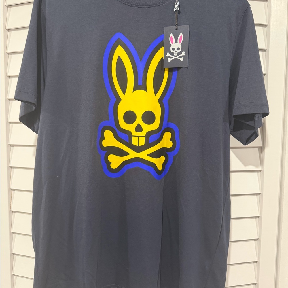 Psycho Bunny Dark Gray Tee with Yellow and Blue Graphic